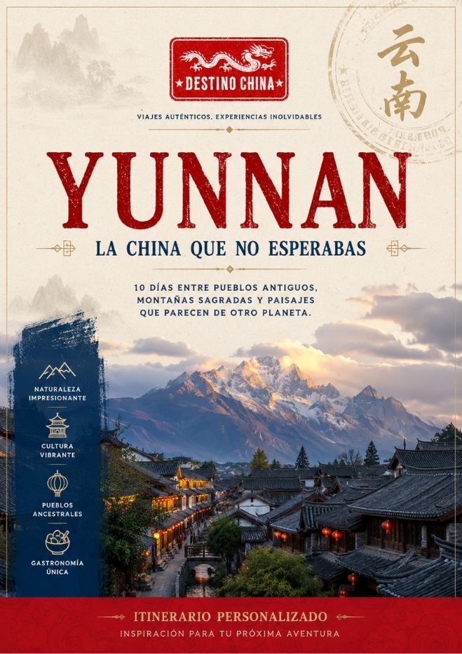 Cartel del itinerario personalizado a Yunnan de Destino China, que muestra un pueblo antiguo frente a montañas nevadas con detalles de un viaje de 10 días enfocado en naturaleza, cultura, pueblos ancestrales y gastronomía.